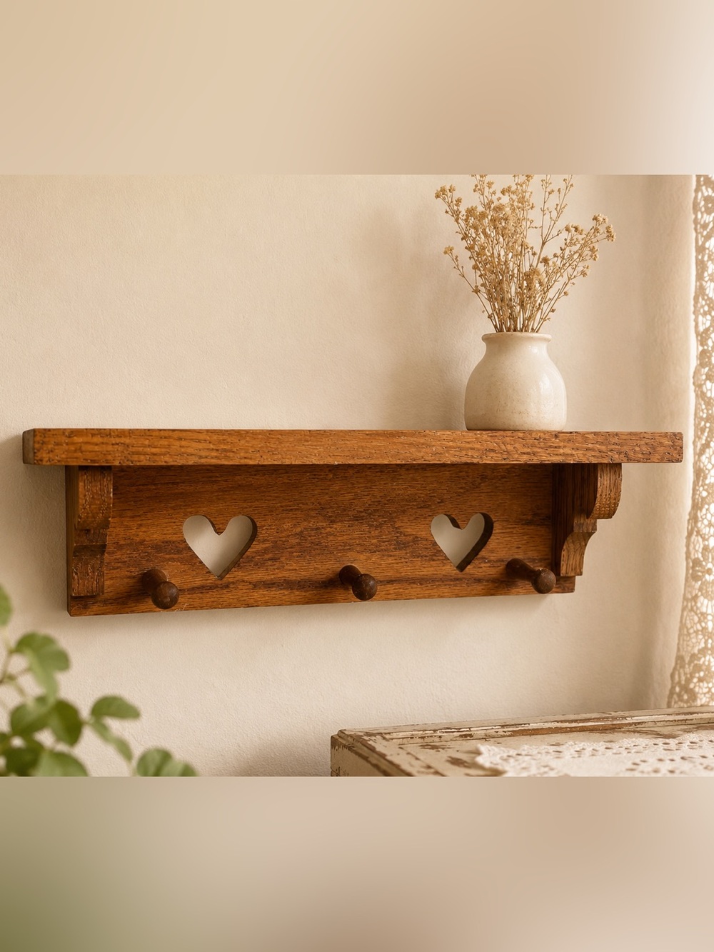 Vintage Wooden Heart Wall Shelf with 3 Peg Hooks – Rustic Country Cottage Decor